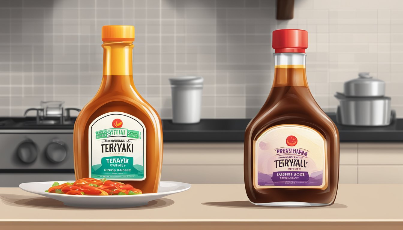 A bottle of teriyaki sauce and a bottle of sweet and sour sauce sitting on a kitchen counter