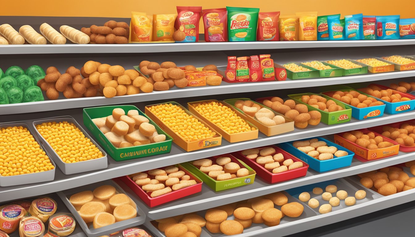 A display of frozen pizza rolls and mini corn dogs on a supermarket shelf, surrounded by colorful packaging and price tags