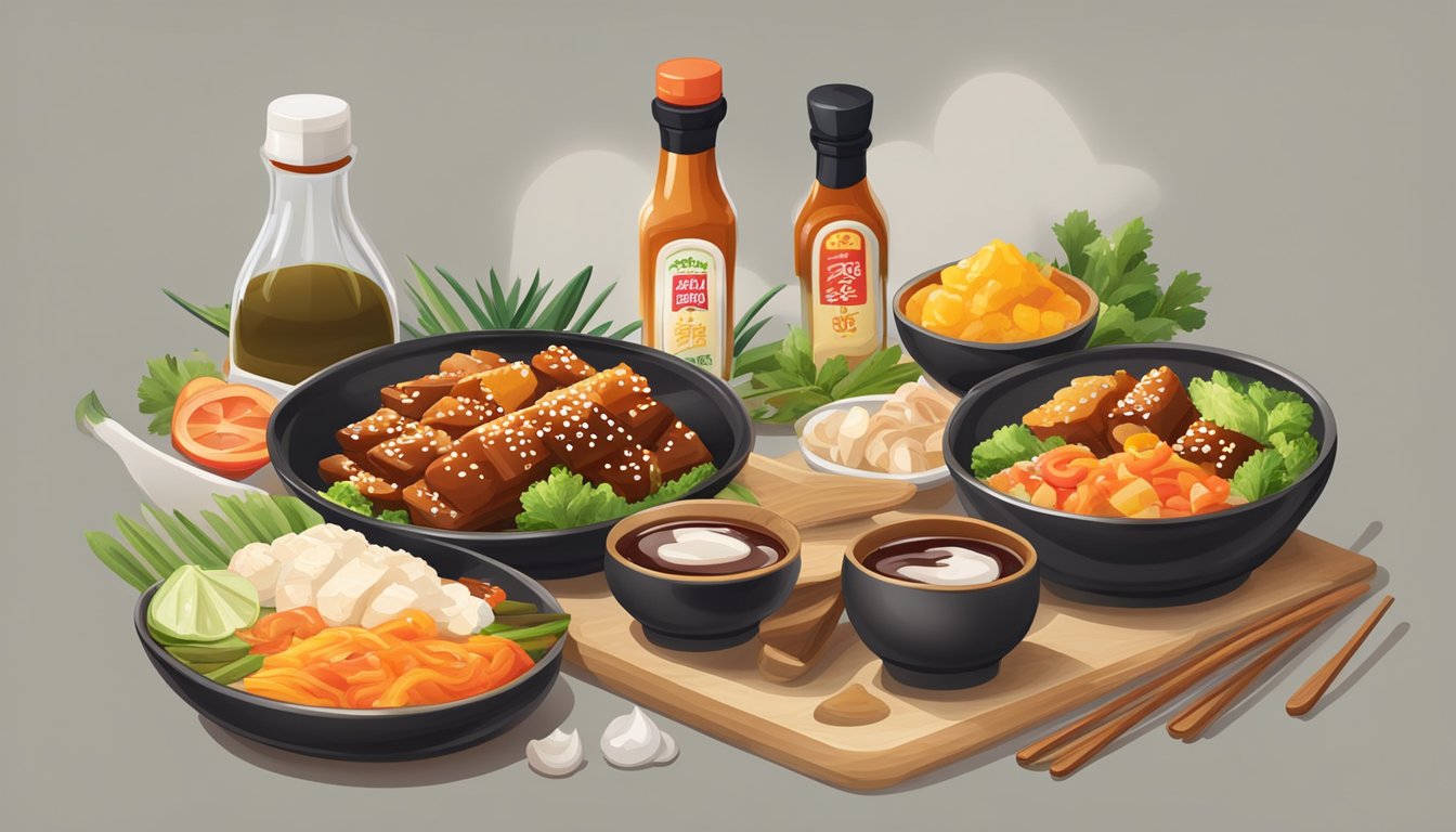 A table with two open bottles of teriyaki and sweet and sour sauce, surrounded by various ingredients and cooking utensils