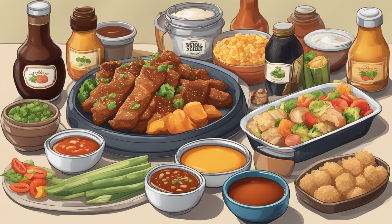 A table with two open bottles of sauce, one labeled "teriyaki" and the other "sweet and sour," surrounded by various food items for dipping