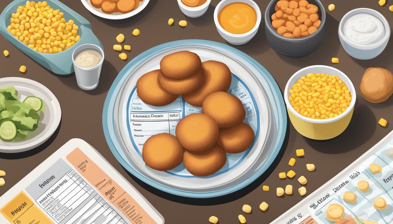 A table with a plate of frozen pizza rolls next to a plate of mini corn dogs, surrounded by nutrition labels and dietary guidelines