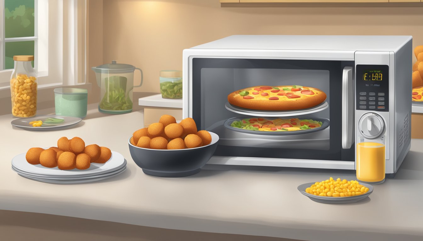 A microwave with a plate of frozen pizza rolls and a plate of mini corn dogs next to it, with a timer set to cook them