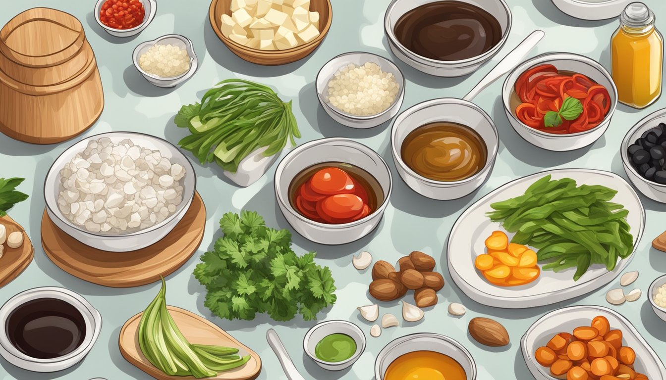 A kitchen counter with various fresh ingredients and condiments for making teriyaki and sweet and sour sauces