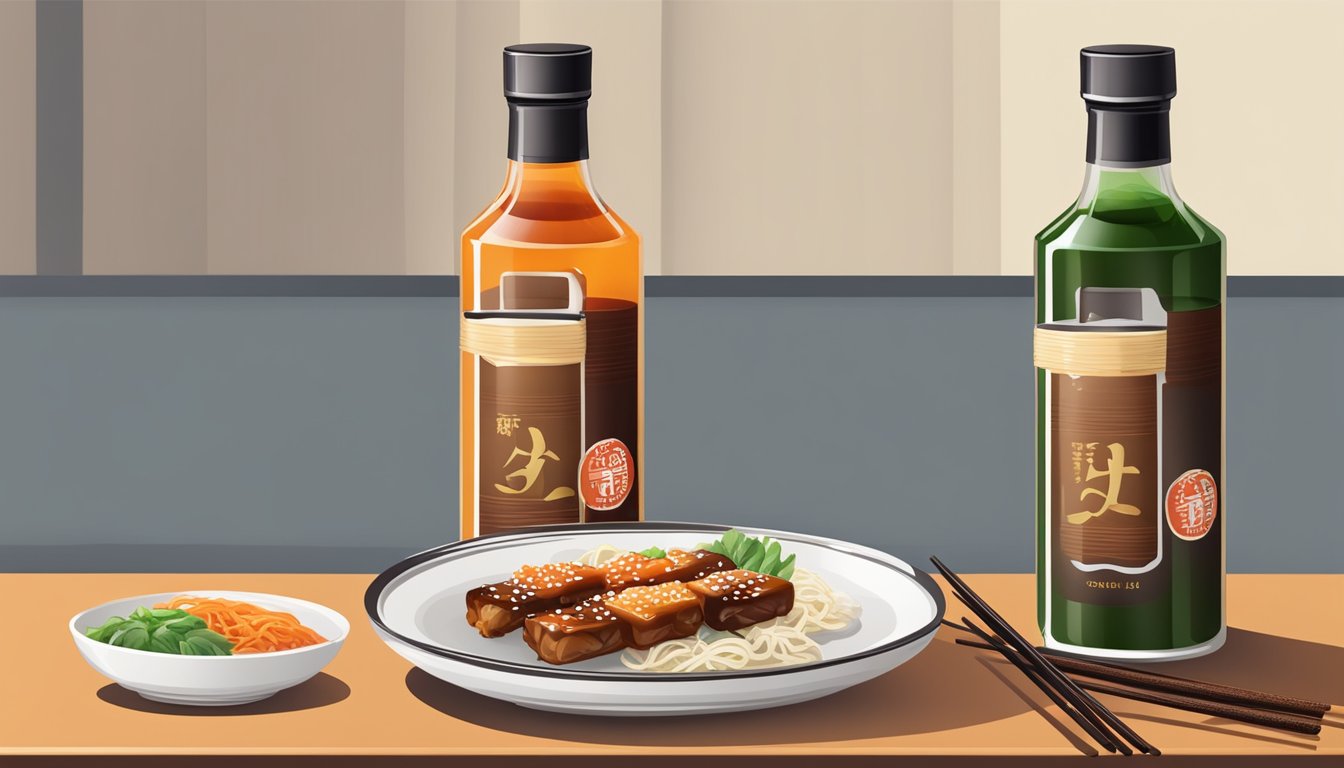 A table with two open bottles of teriyaki and sweet and sour sauce, surrounded by empty plates and chopsticks