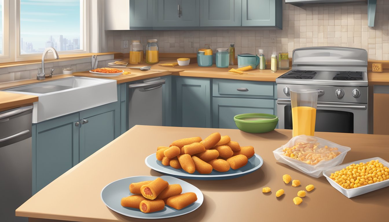 A table with a plate of frozen pizza rolls and a plate of mini corn dogs, surrounded by empty packaging and a messy kitchen counter