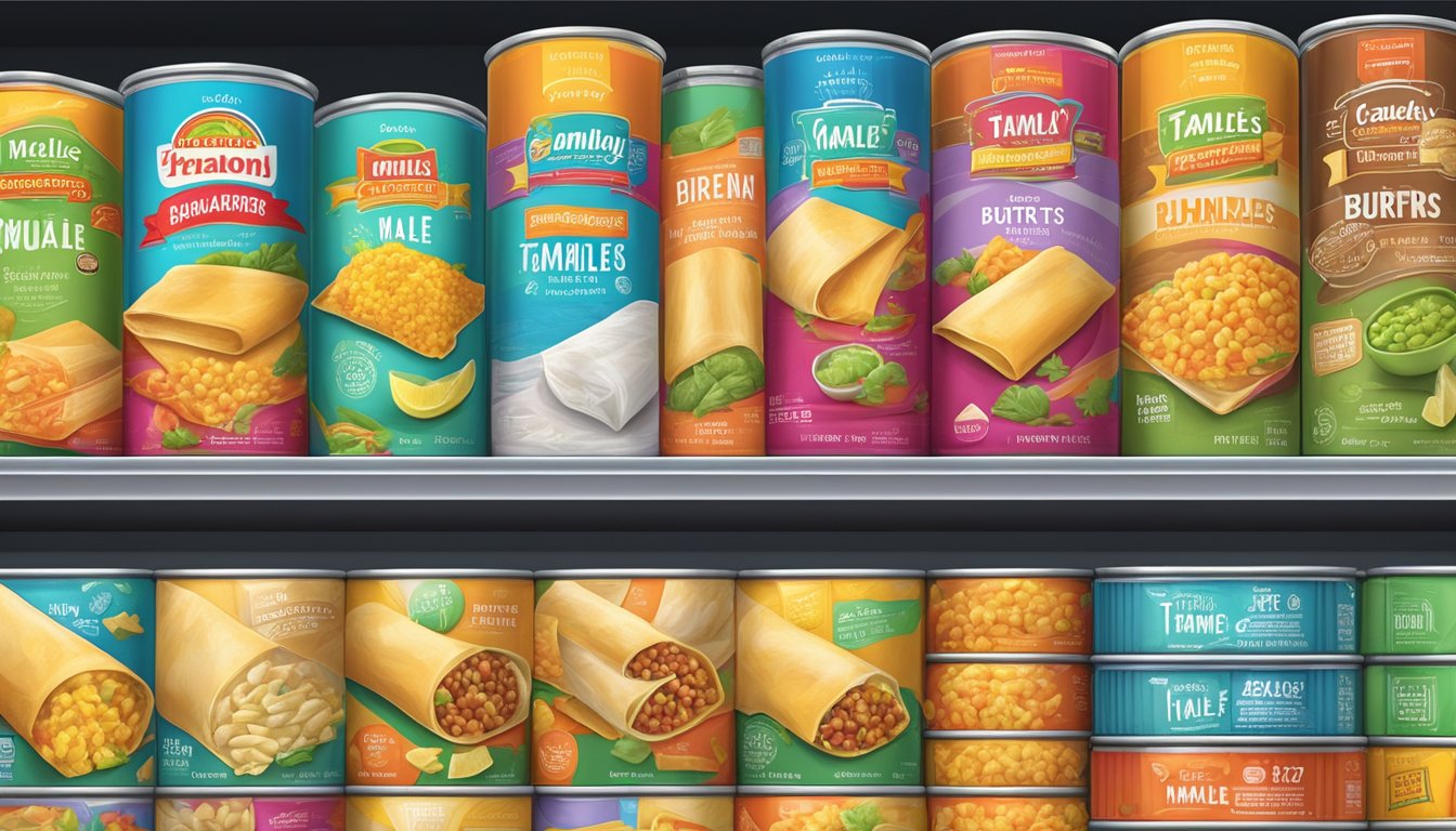 A colorful array of canned tamales and frozen burritos on a supermarket shelf, with vibrant packaging and enticing labels