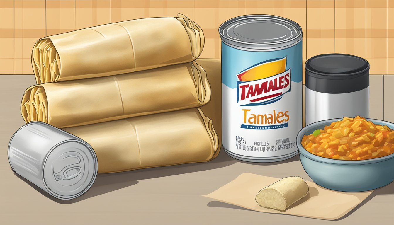 A can of tamales and a package of frozen burritos on a kitchen counter