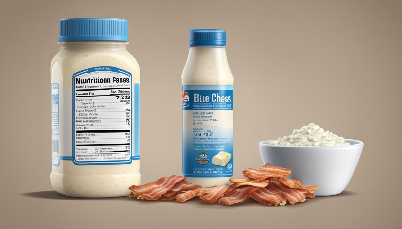 A bottle of blue cheese dressing and a package of bacon bits on a table, with nutrition labels visible