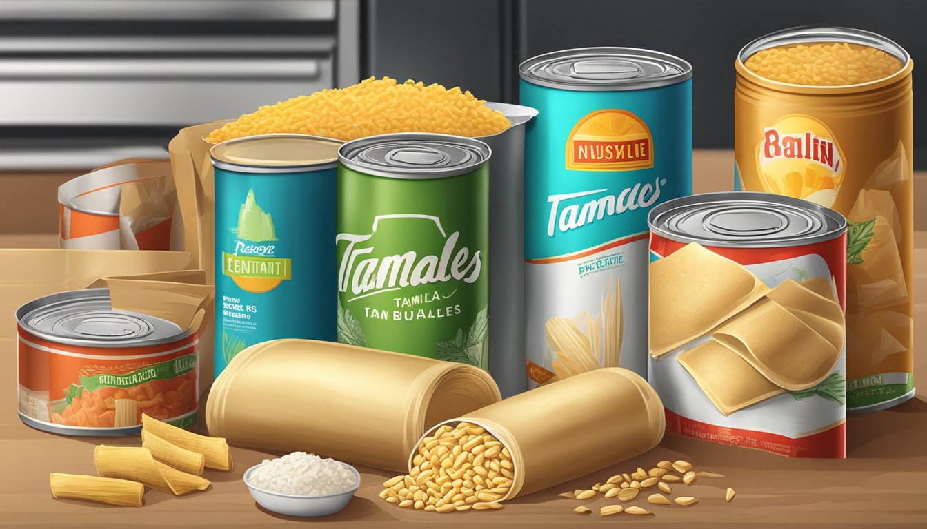 A pile of canned tamales and frozen burritos on a kitchen counter, surrounded by opened cans and packages of ingredients