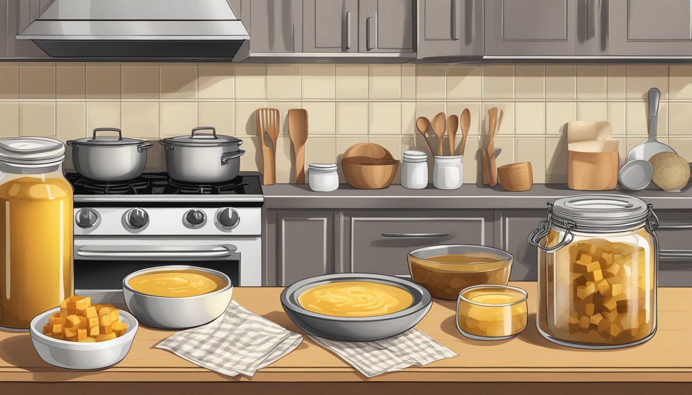 A kitchen counter with a box of packaged onion soup mix and a jar of bouillon cubes, surrounded by various cooking utensils and ingredients