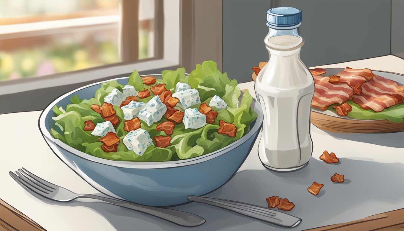 A bowl of salad with a bottle of blue cheese dressing and a package of bacon bits next to it