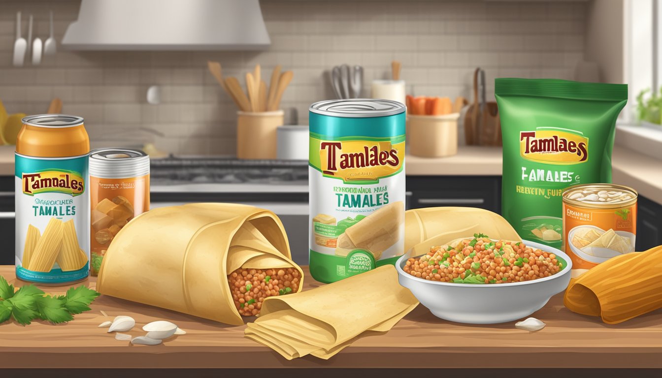 A kitchen counter with open cans of tamales and a bag of frozen burritos, surrounded by cooking utensils and ingredients