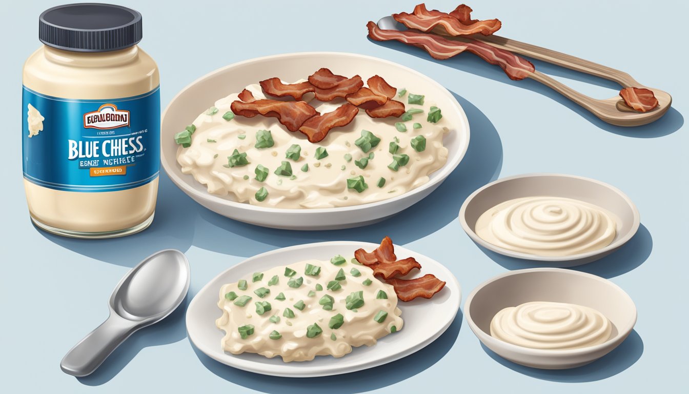 A bottle of blue cheese dressing and a package of bacon bits on a table, with a spoonful of each spread out on a plate for comparison