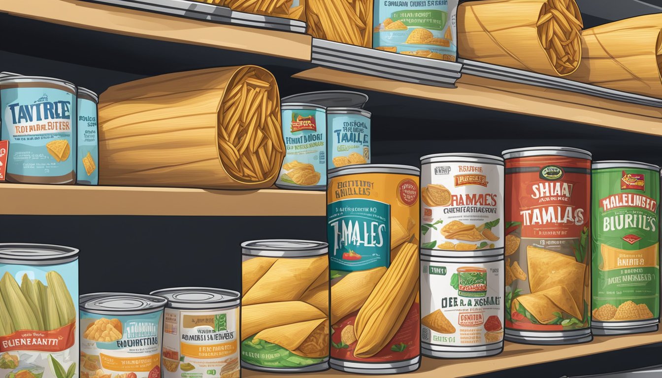 A shelf with rows of canned tamales and frozen burritos, surrounded by signs for different dietary considerations