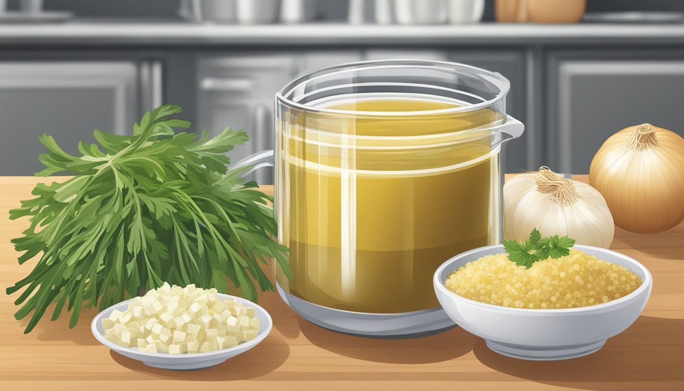 A comparison of a packaged onion soup mix and bouillon cubes on a kitchen counter, surrounded by fresh onions and herbs