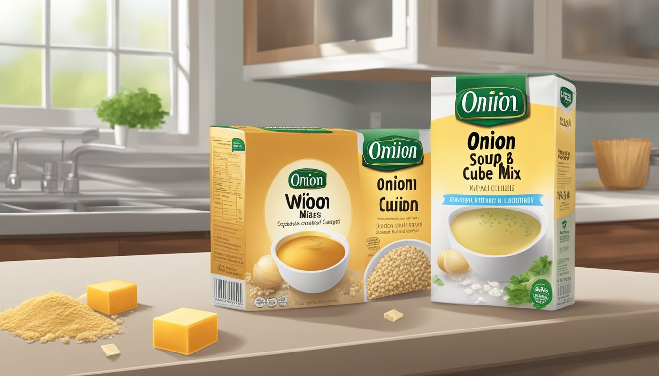 A comparison of packaged onion soup mix and bouillon cubes on a kitchen counter