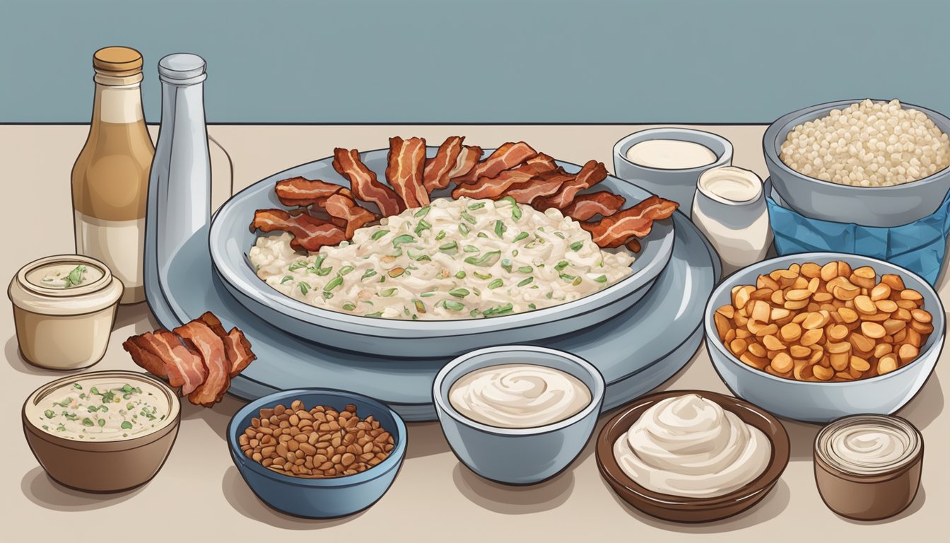 A table set with a bottle of blue cheese dressing and a package of bacon bits, surrounded by various food items