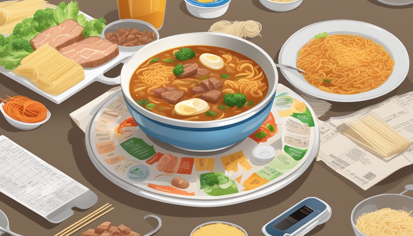 A table with a can of meat stew and an instant noodle soup cup, surrounded by nutrition labels and a scale