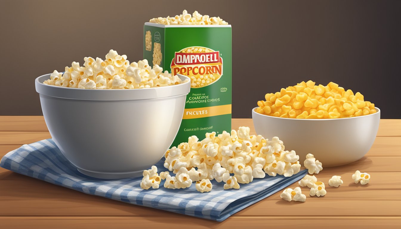 A bowl of packaged microwave popcorn next to a pile of cheese-flavored crackers on a wooden table