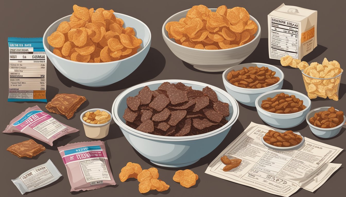 A table with an open bag of beef jerky and a bowl of pork rinds, surrounded by nutritional labels and composition information