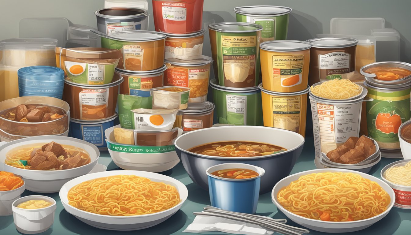 A cluttered kitchen counter with a can of meat stew and several instant noodle soup cups, surrounded by nutrition labels and a measuring tape