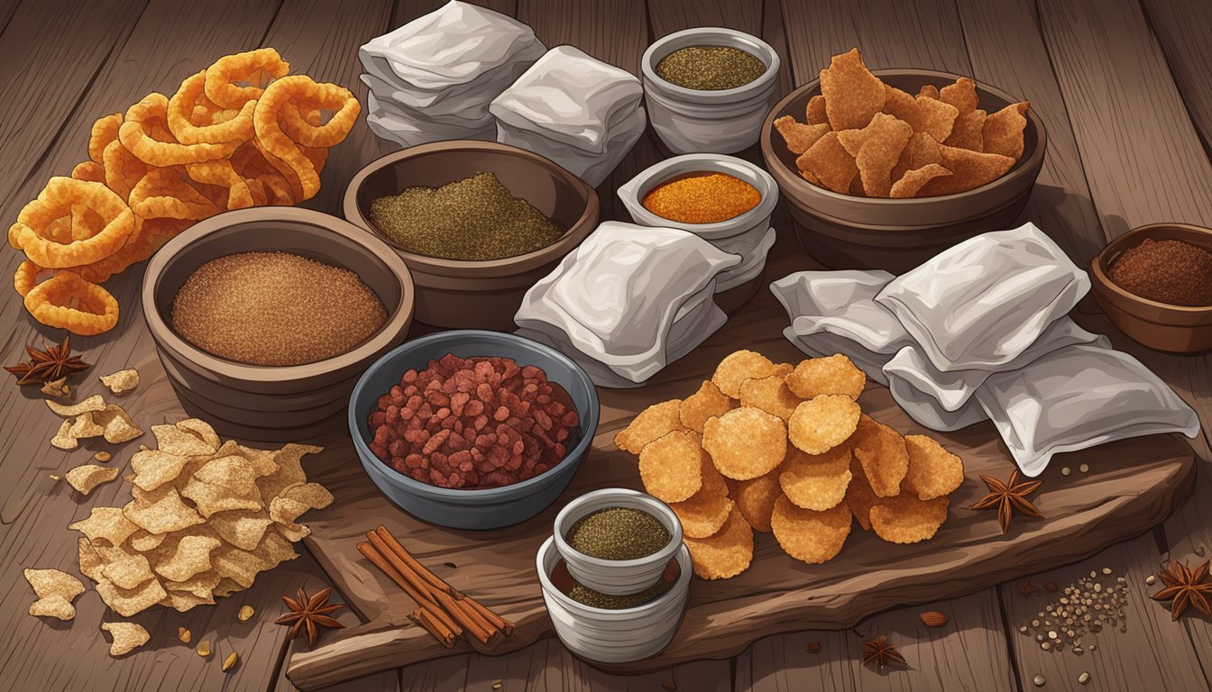 A pile of beef jerky and pork rinds on a rustic wooden table, surrounded by colorful packaging and a variety of spices and seasonings