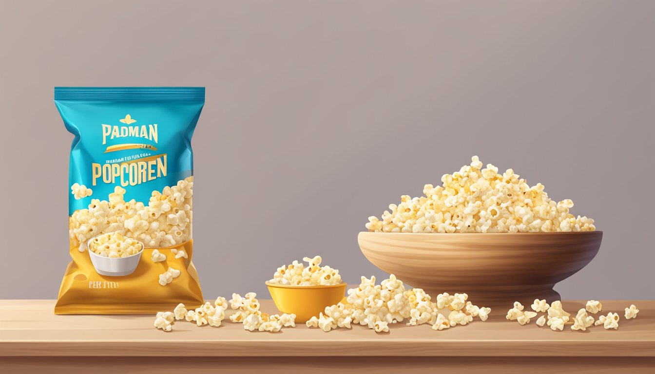 A bag of microwave popcorn next to a pile of cheese-flavored crackers on a table