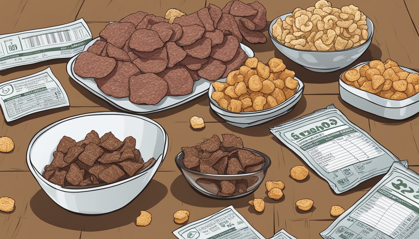 A table with a bag of beef jerky and a bowl of pork rinds, surrounded by nutrition labels and question marks