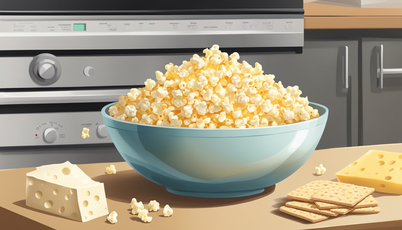 A kitchen counter with a bowl of packaged microwave popcorn next to a pile of cheese-flavored crackers