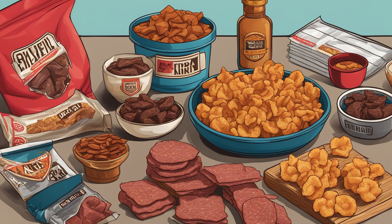 A table with packaged beef jerky and pork rinds, surrounded by contrasting cultural symbols and consumer products