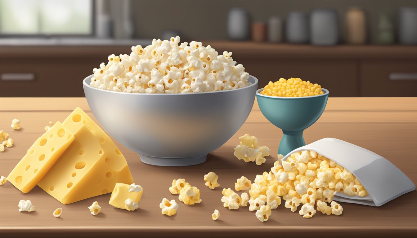 A bowl of packaged microwave popcorn next to a pile of cheese-flavored crackers on a table