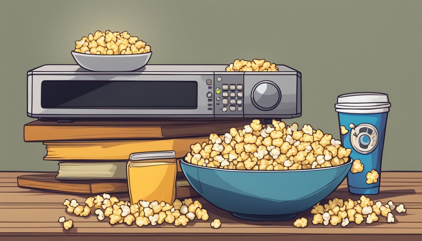 A bowl of burnt microwave popcorn next to a pile of greasy cheese-flavored crackers on a coffee table