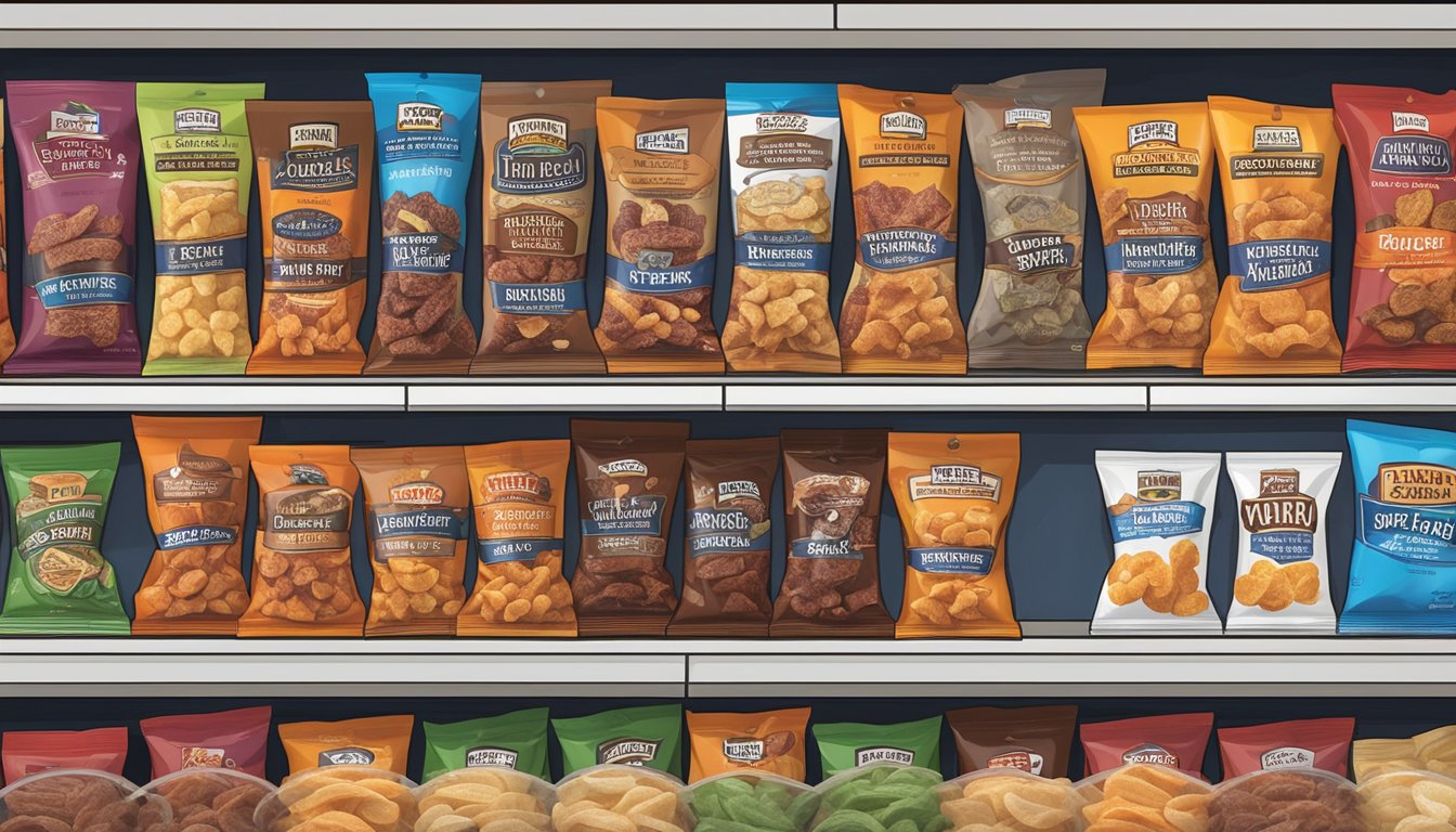 A display of packaged beef jerky and pork rinds on a market shelf, with various brands and flavors to choose from