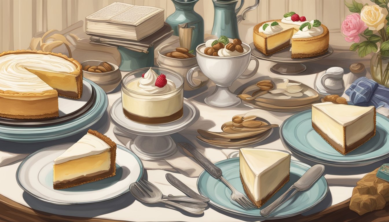 A table with a variety of frozen cream pies and cheesecake slices, surrounded by vintage dessert cookbooks and antique serving utensils