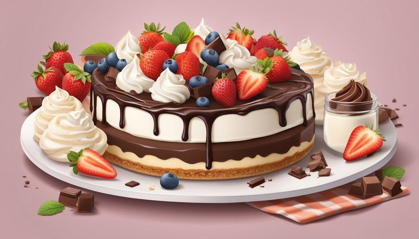 A table with a frozen cream pie and cheesecake slices, surrounded by various ingredients and flavors like strawberries, chocolate, and whipped cream