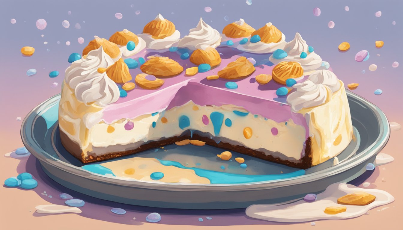 A frozen cream pie oozes out in a messy puddle, while a cheesecake slice holds its shape, but appears slightly deflated