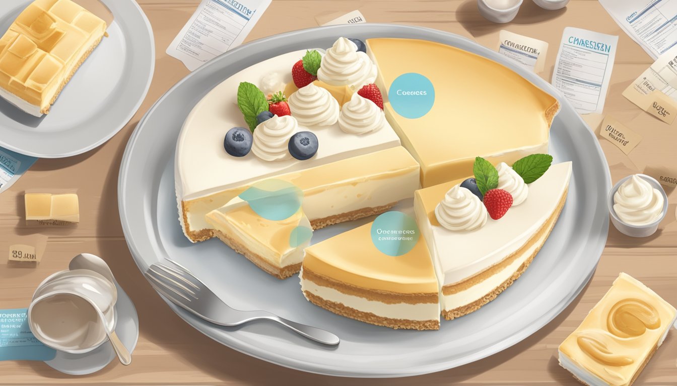 A table with a frozen cream pie and cheesecake slice, surrounded by nutrition labels and a comparison chart