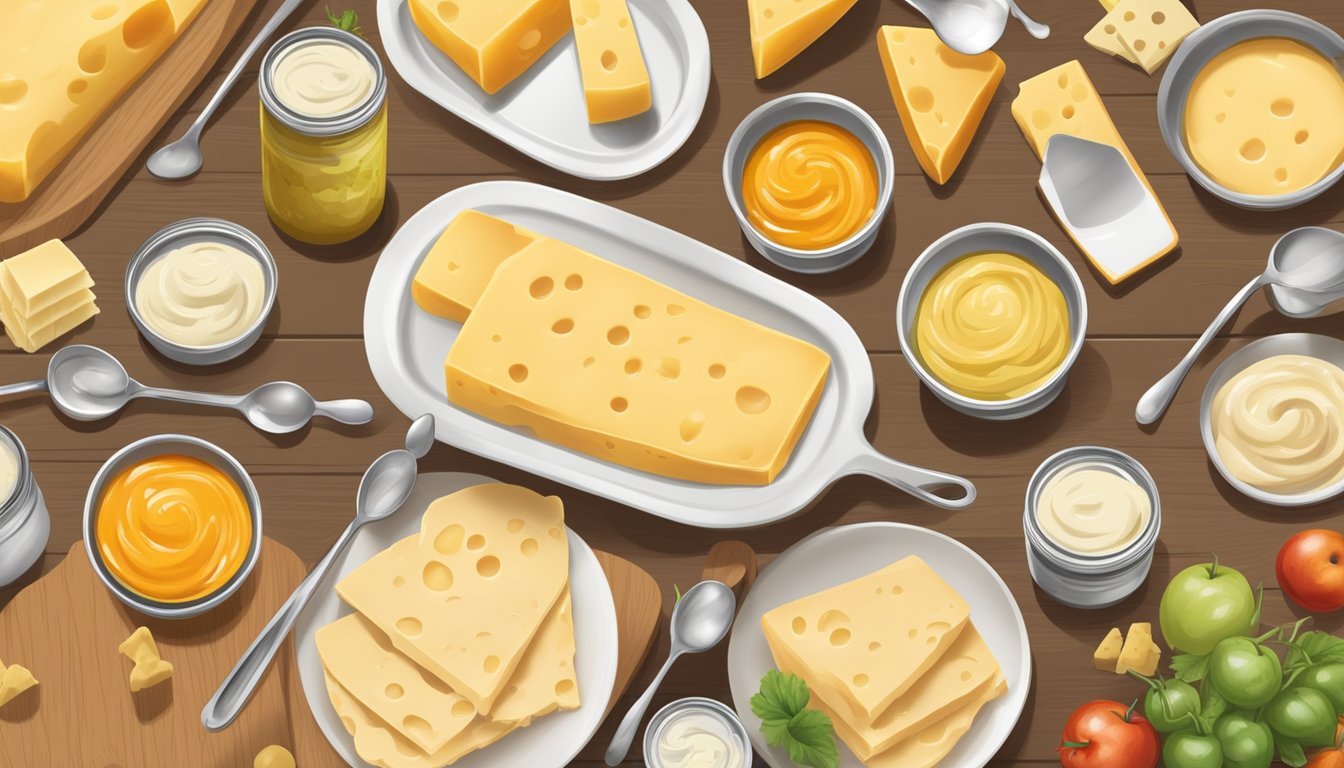 A comparison of canned cheese sauce and jarred cheese spread on a wooden table, surrounded by various types of cheese and measuring spoons