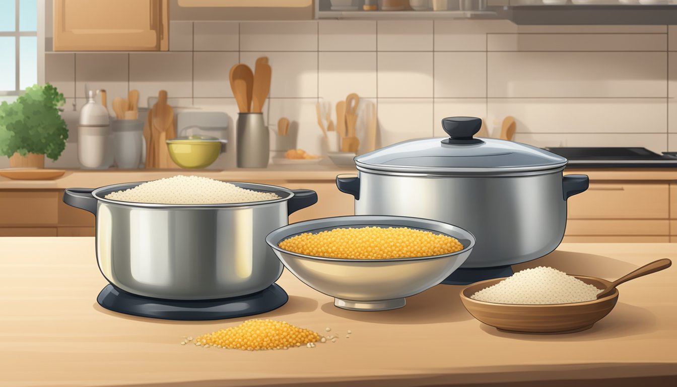 A steaming pot of rice pilaf mix and a bowl of couscous mix on a kitchen counter