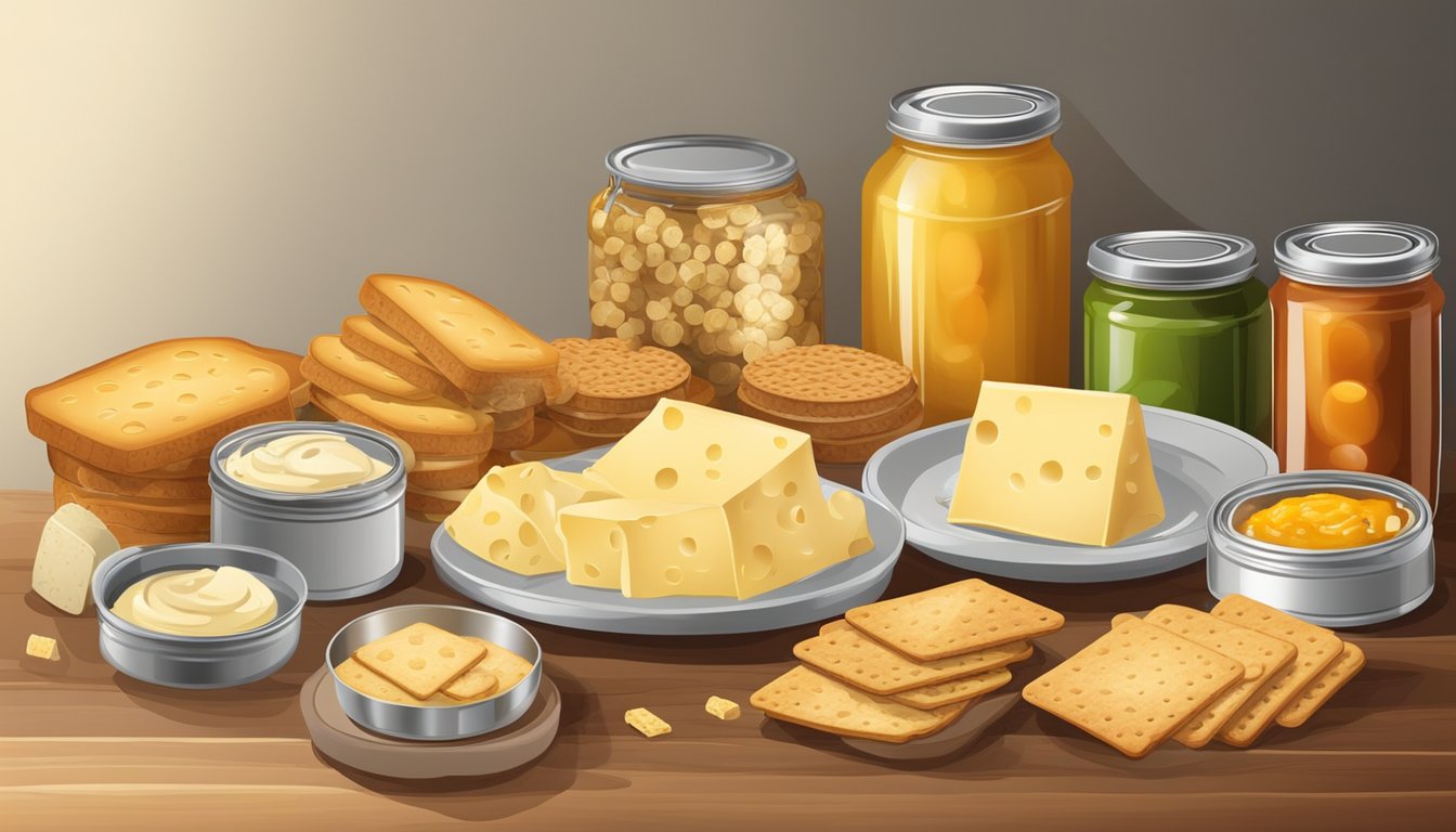 A table with a variety of canned and jarred cheese products, surrounded by different types of crackers and bread for dipping