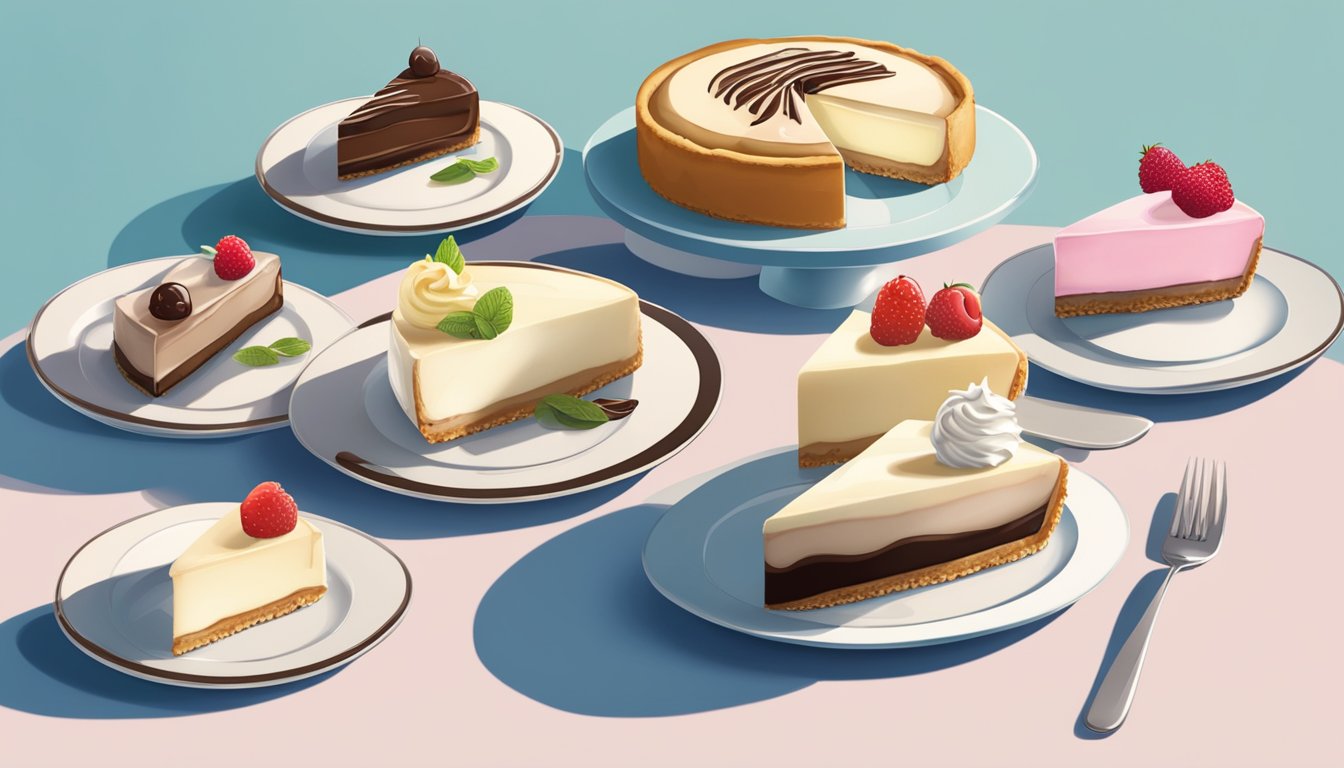 A table with a frozen cream pie and cheesecake slices on separate plates, with a spotlight highlighting each dessert