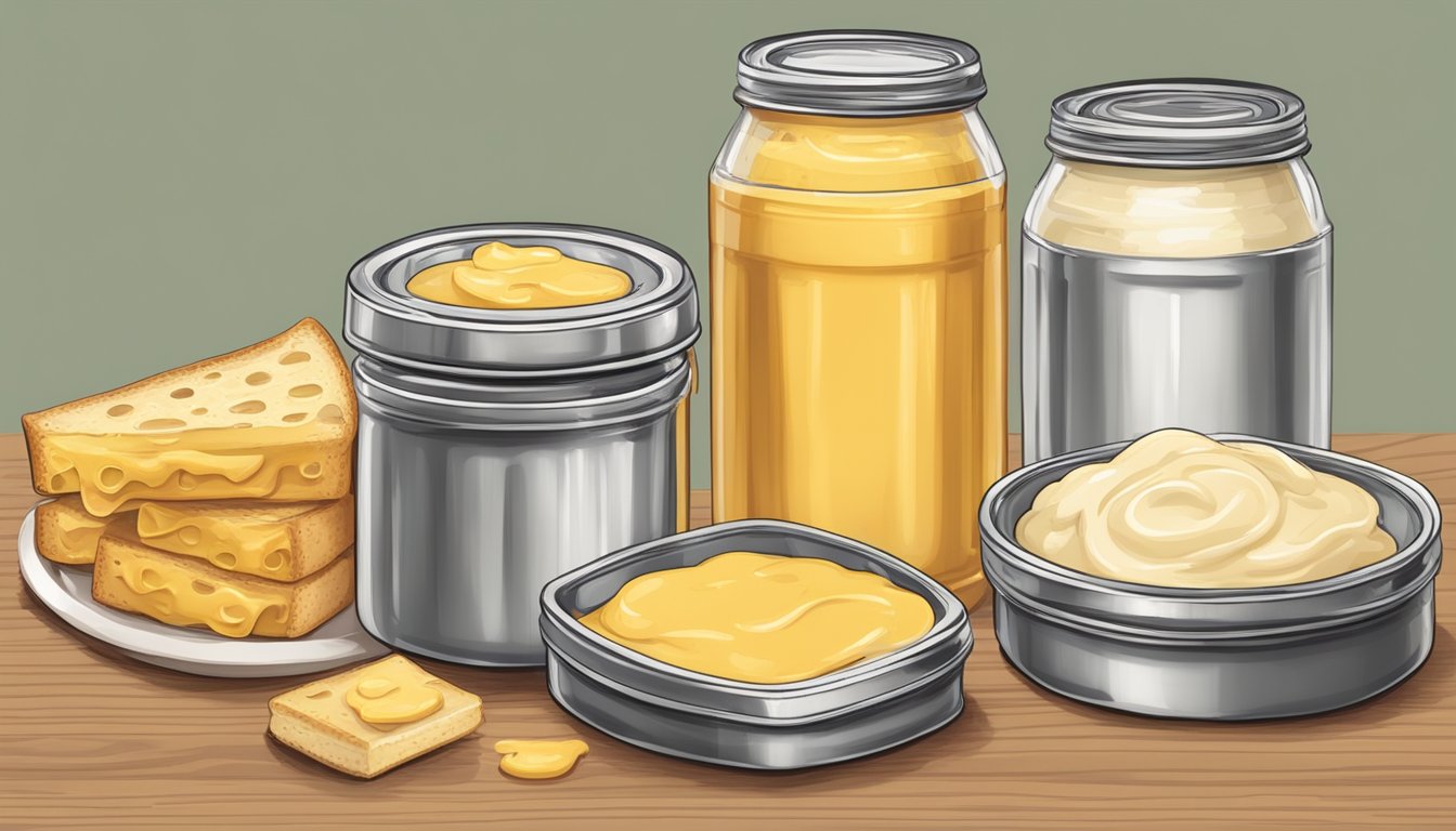 A table with two open containers: one with canned cheese sauce and one with jarred cheese spread