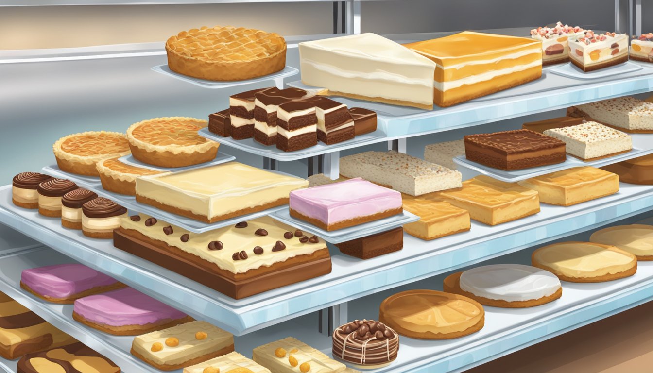 A table with a variety of frozen cream pies and cheesecake slices displayed in a grocery store aisle