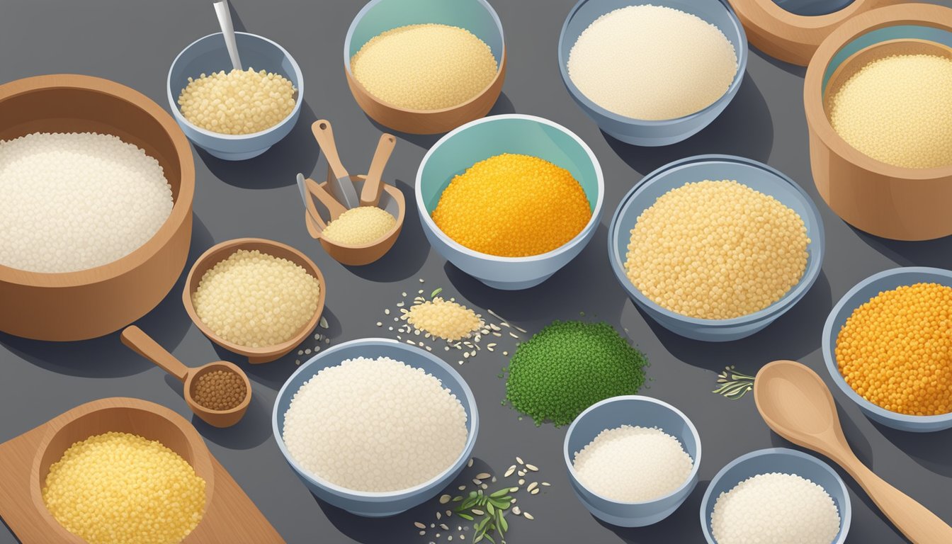 A colorful array of packaged rice pilaf and couscous mixes arranged on a kitchen counter, with various cooking utensils and ingredients scattered around