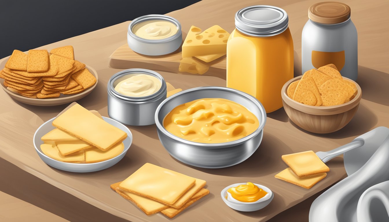 A table with an open can of cheese sauce and an open jar of cheese spread, surrounded by various types of crackers and chips