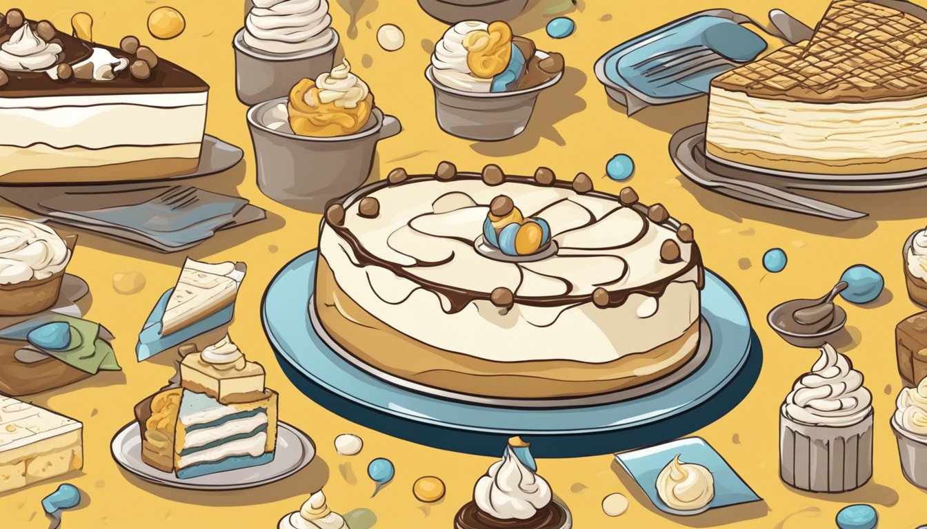 A table with a frozen cream pie and cheesecake slice, surrounded by question marks and puzzled expressions