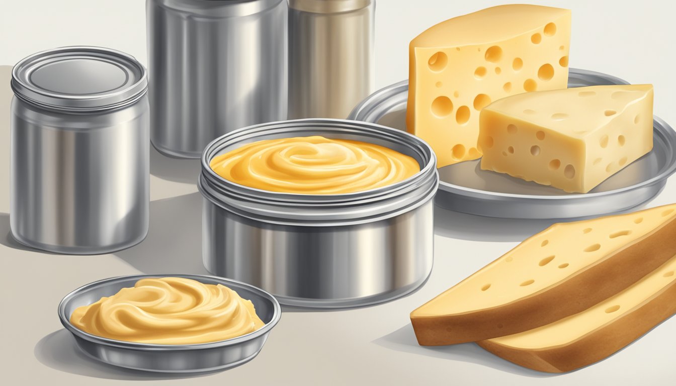 A table with two open containers: one of canned cheese sauce and one of jarred cheese spread