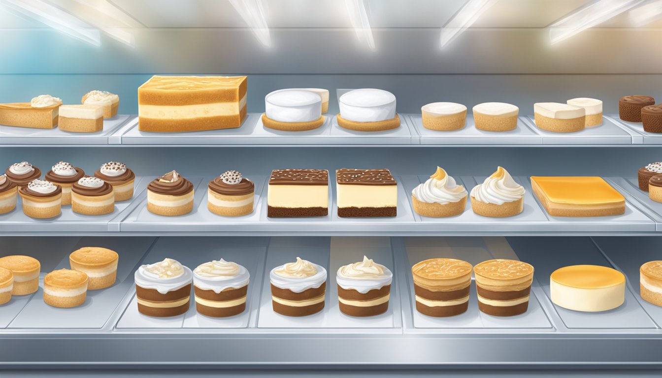 A freezer shelf filled with frozen cream pies and cheesecake slices, with frost covering the packaging