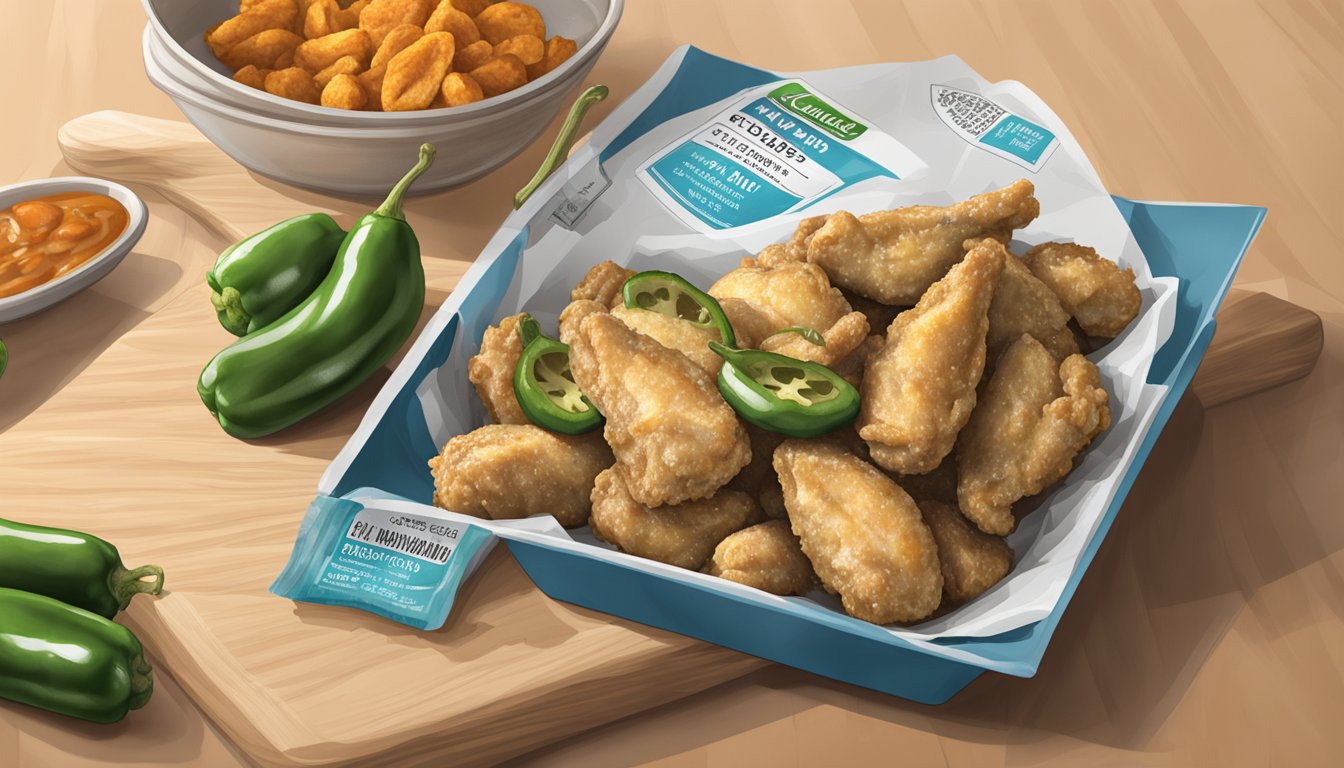 A pile of frozen chicken wings and jalapeno poppers on a kitchen counter, with a nutrition label next to each