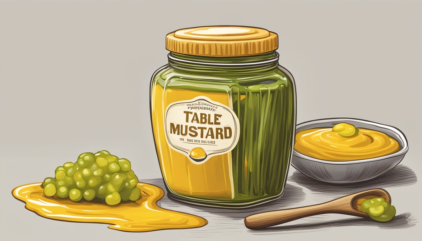 A table with a spilled bottle of honey mustard and an overturned jar of sweet pickle relish